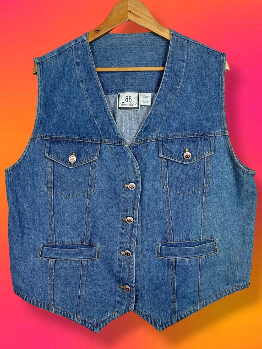 Bill Blass Vintage Retro V Neck Sleeveless Button Down Pocket Denim Jean Vest L